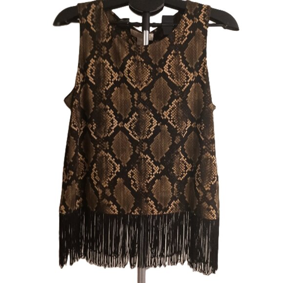 Michael Kors Women’s Black Tan Reptile Print Sleeveless Fringe Top Size Large - Picture 1 of 16